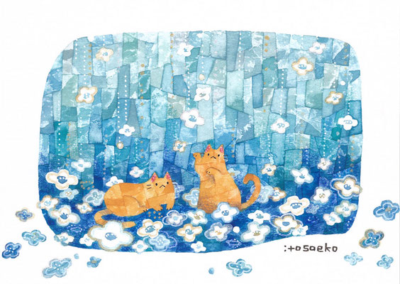 「花が降る日のネコたち」128×179㎜/水彩・顔彩・ペン・色鉛筆