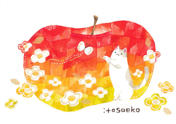 「林檎とネコ」シリーズ　89×128㎜/水彩・顔彩・ペン・色鉛筆