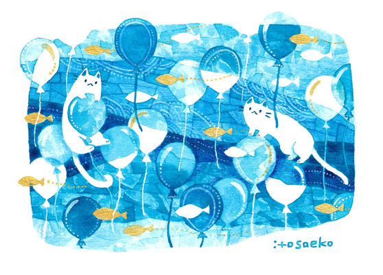 絵画「青空風船と魚とネコ」