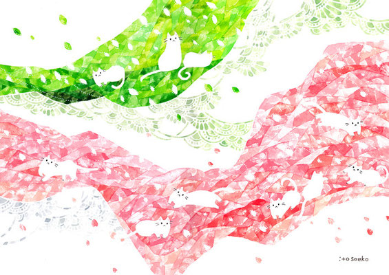 「桜とネコたち」A3/水彩絵具・ペン