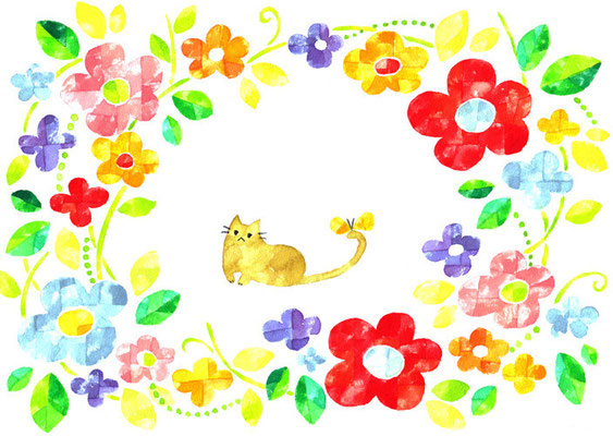 「花とネコ」B5/水彩絵具