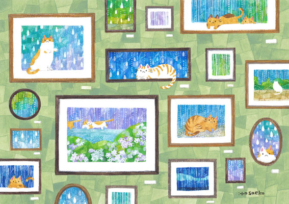 「雨の絵の中のネコたち」B5/水彩・顔彩・ペン・色鉛筆