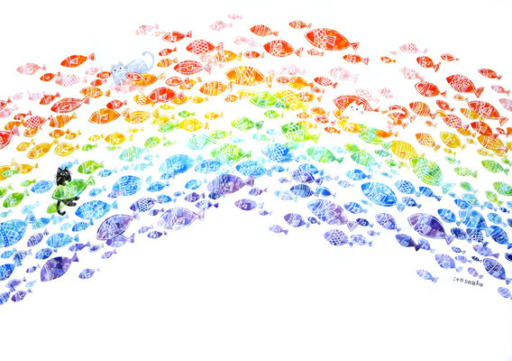 「魚の虹とネコ」A2/水彩絵具・ペン