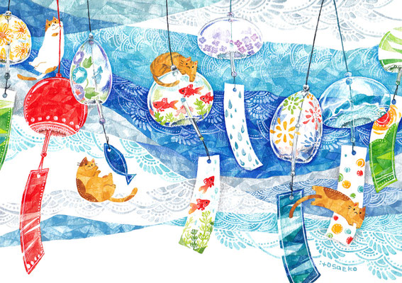 「風鈴とネコ」B5/水彩絵具