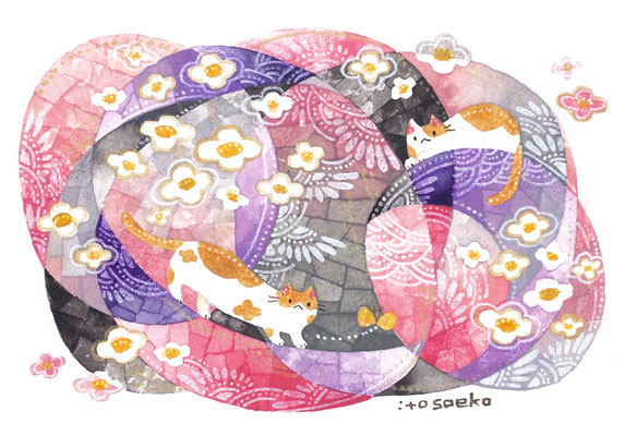 「花の中の蝶とネコたち」105×150㎜/水彩・顔彩・ペン・色鉛筆