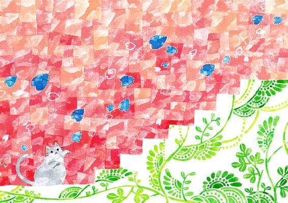 「桜とネコ」B5/水彩絵具・ペン