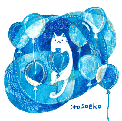 ミニフレーム原画「透明水彩とネコ11」(ピーコックブルー)