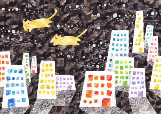 「夜の街とネコ」B5/水彩絵具・ペン