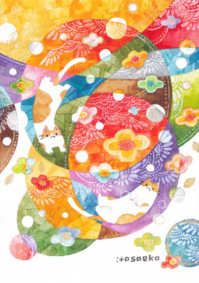 「たくさんの色と花とネコたち」105×150㎜/水彩・顔彩・ペン・色鉛筆