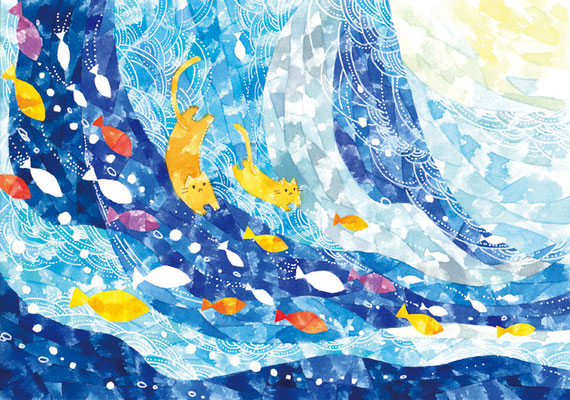 「海とネコ」B5/水彩絵具・ペン