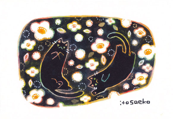 「白い花と黒ネコたち」89×128㎜/水彩・顔彩・ペン・色鉛筆