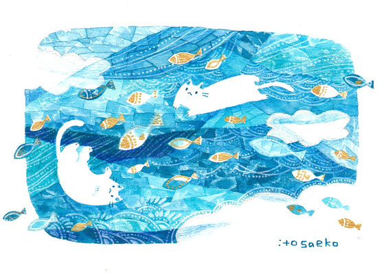 絵画「青空を泳ぐ魚とネコ」