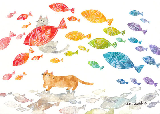「魚の虹と進むネコたち」128×179㎜/水彩・顔彩・ペン・色鉛筆