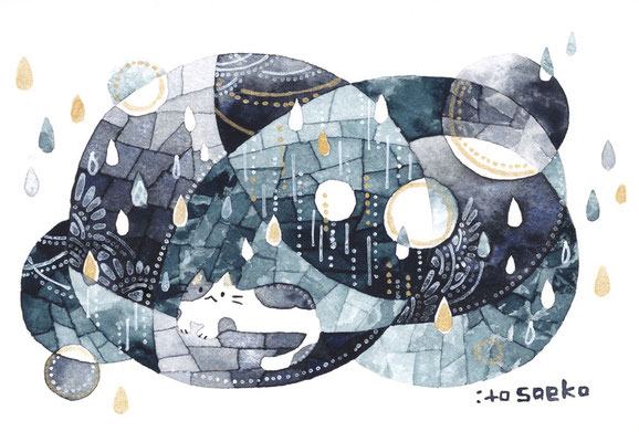 「雨を眺めるネコ」89×128㎜/絵墨・ペン・色鉛筆