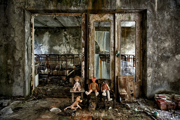 Inside the kindergarten "Zolotoj Kluchik", the golden key, Pripyat, exclusion zone, compositions made by tourists to take pictures