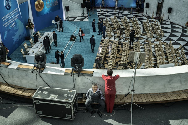 Karipbek Kuyukov is waiting to attend the conference for the Nazarbayev prize. Nur-Sultan, Kazakhstan. Karipbek Kuyukov was born without arms as a result of nuclear radiation exposure. He was born in a small village, just miles from the polygon test site.