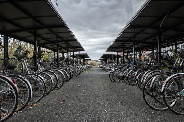 Abandoned bicycle parking at the train station, Okuma City, Fukushima "No-Go Zone", Japan.