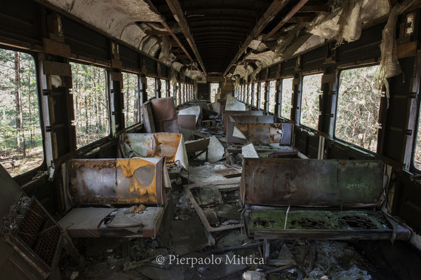 What remains of a dismantled train after the metallists collected metals to be recycled