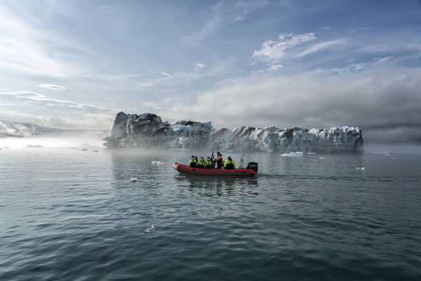 Iceland. Jökulsárlón Glacier Lagoon. Tourists board a dinghy to visit the glacier. Glacier Lagoon is located in the Vatnajökull national park in the south of Iceland, an area popular with tourists and one of the island’s best-known attractions.