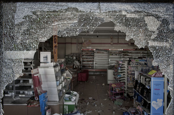Market devastated by thieves, Futaba city, Fukushima "No-Go Zone", Japan.