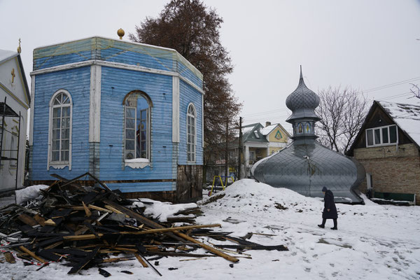 The destroyed church in Hostomel being repaired.  Hostomel is one of the outlying districts of Kyiv, during the first months of the war when the Russians tried to take the capital, this district was occupied and heavily bombed by the Russians