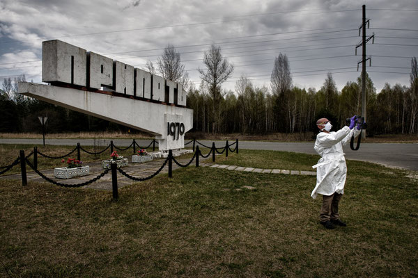 Selfie in front of the stele of Pripyat, exclusion zone