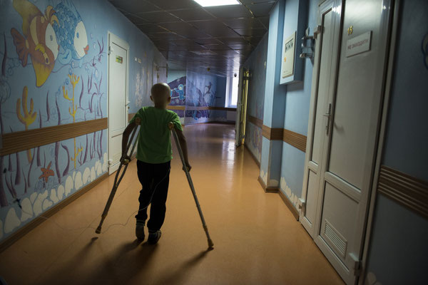 Nikita, 9 years old, bone cancer, rehabilitation center of the Kiev cancer hospital.