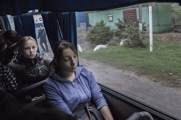 Nadia on the bus on her way to school in Dobrush as she passes the Exclusion Zone Check Point.