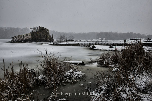 Chernobyl River port where they are dismantling the sunk ships