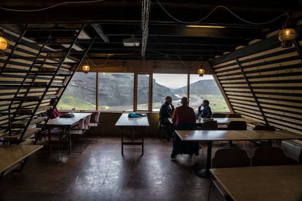 Iceland. The restaurant at the Kerlingarfjöll Mountain Resort located 6km from the Kerlingarfjöll mountain range and Hveradalir, a spectacular geothermal valley.