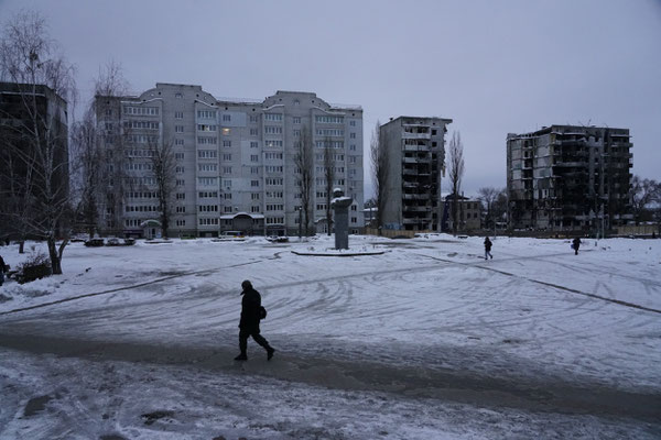 The main square of Borovlianka during a blackout. Borovlianka is one of the outlying districts of Kyiv, during the first months of the war when the Russians tried to take the capital, this district was occupied and heavily bombed by the Russians. 