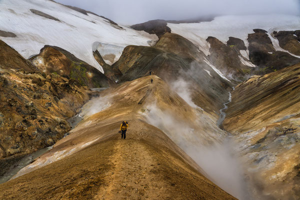Iceland. Tourists visit the Hveradalir geothermal complex, a wonderland of geothermal vents, boiling mud pools and rainbow-coloured hot springs, located in Kerlingarfjöll, a mountain range in Iceland’s central highlands.