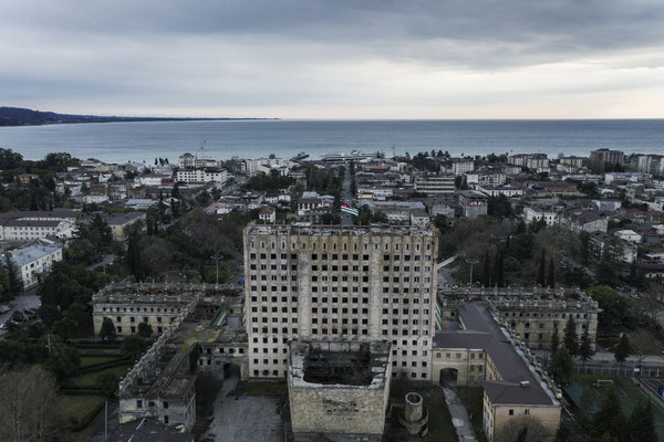 The abandoned and derelict parliament building in Sukhumi.
