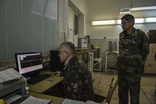 The scientific laboratories in the city of Chernobyl. Laboratory technicians work on samples collected from the area.