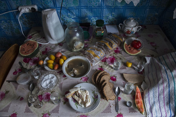 Table ready for lunch in the house of Hanna Zavorotnya, Kupovate, Chernobyl Exclusion Zone