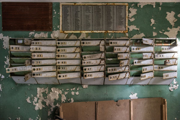 Mailboxes of an abandoned building in the city of Pripyat.