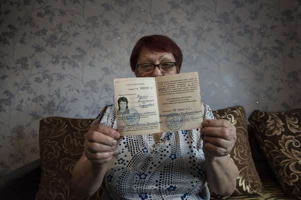 Valentina Rodina, Milana's grandmother while showing her certificate of radiation victim. Kysthym