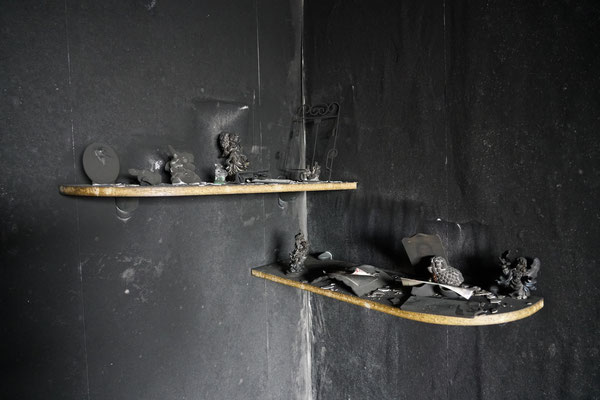 Shelves in a flat destroyed by Russian bombing in Irpin. Irpin is one of the outlying districts of Kyiv, during the first months of the war when the Russians tried to take the capital, this district was occupied and heavily bombed by the Russians. 