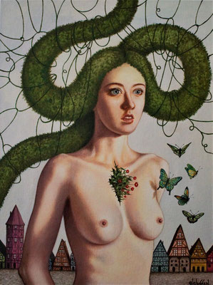 "The green calling", oil on canvas panel, 30cm x 40cm, year 2021