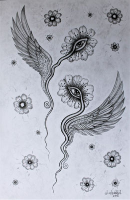"Vuelo onírico", Bleitstiftzeichnung auf Papier, 31.5cm x 21cm