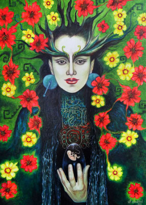 "En los ojos del Quetzal", Öl auf Baumwolle, 70cm x 50cm