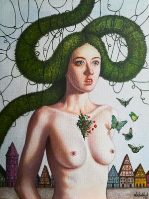 "El llamado de la voz verde", Öl auf Malplatte, 40cm x 30cm