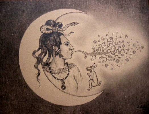 "Ixchel", Bleitstiftzeichnung auf Papier, 35cm x 50cm