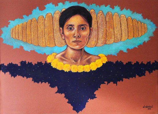 "Carne de maíz, alma de estrellas", Öl auf Karton, 35cm x 50cm