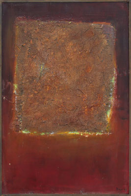 Schatztruhe / 60 x 90 cm / Rost, Marmormehl / Acryl auf Leinwand / 2025