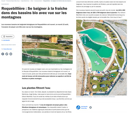Photos avec le drone pour France Bleu Azur - Inauguration du bassin biologique de baignade de Roquebillière - août 2023