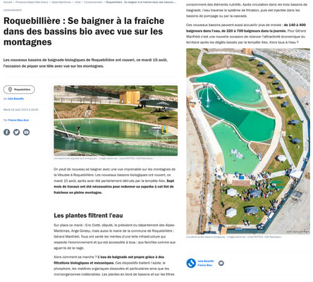 Photos avec le drone pour France Bleu Azur - Inauguration du bassin biologique de baignade de Roquebillière - août 2023
