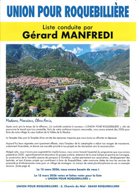 Photo de couverture avec le drone pour la Profession de Foi des élections Municipales 2026 de Roquebillière