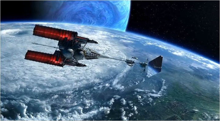 bereits die erste Szene beeindruckt durch ihre Optik: darüber hinaus wird deutlich: wir befinden uns in der Zukunft und im Orbit einer anderen Welt, diese Idee erspart dem Regisseur eine lange Einleitung