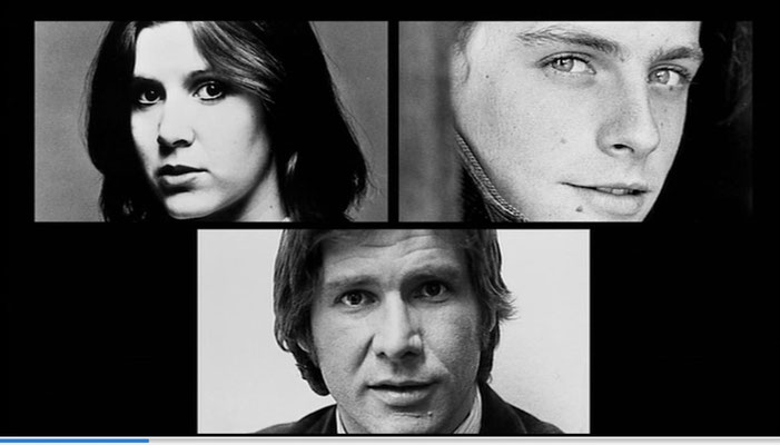 die Castingfotos der damals noch unbekannten Carrie Fisher [+27.12.2016], Mark Hamil und Harrison Ford, aus: Empire of Dreams – The Story of the Star Wars Trilogie